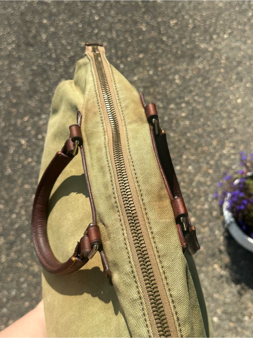 Dooney & Bourke Olive Canvas Duffel with Brown Leather Trim - Picture 7 of 15